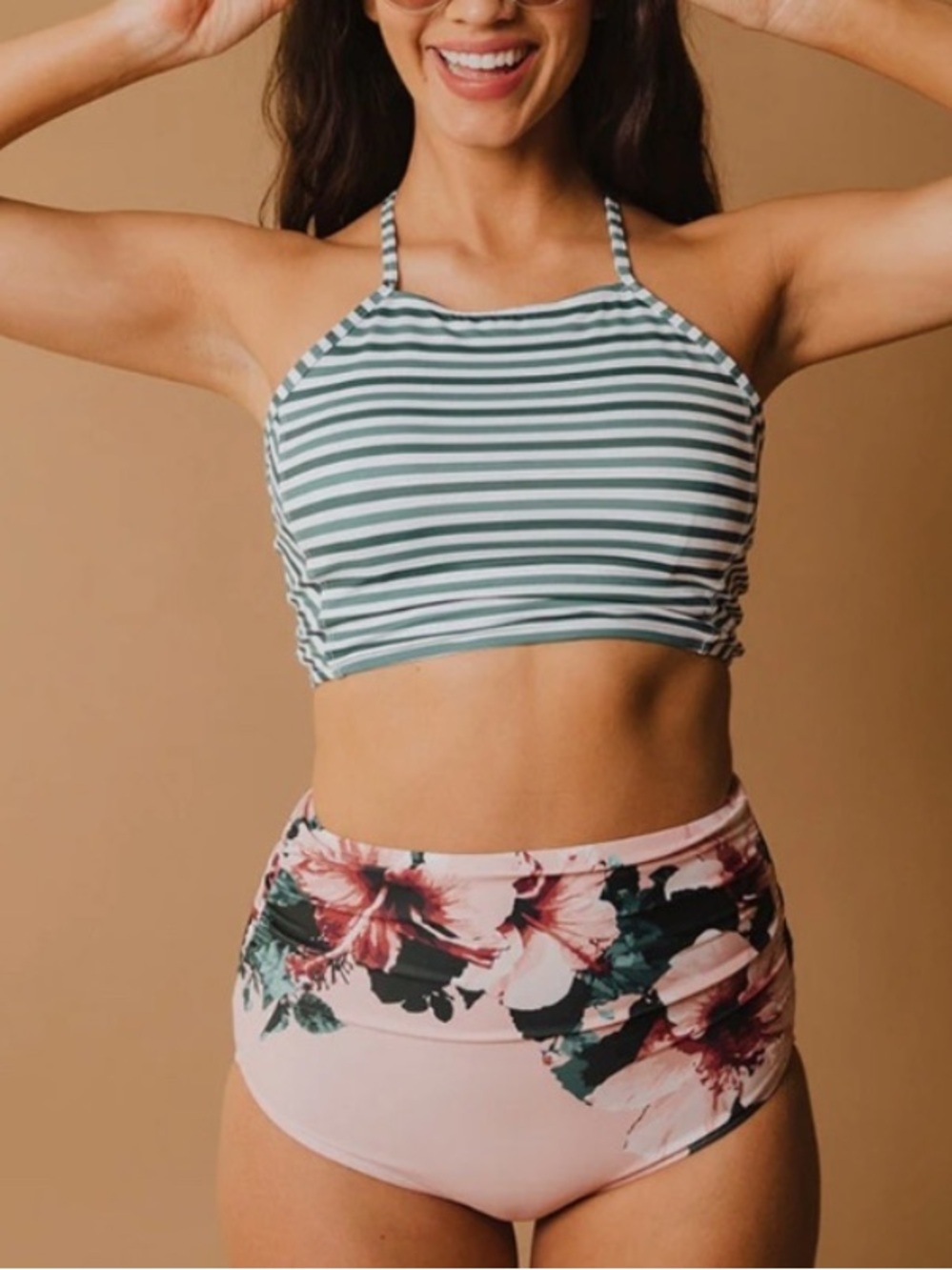 Striped Switchback Swim Crop & Pink Floral High-Waisted Bottoms